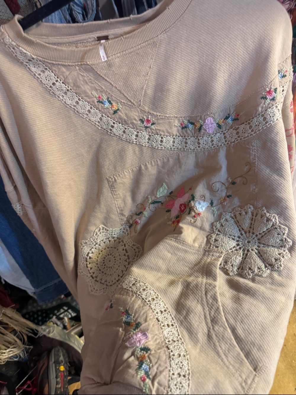 Free People Beige Crochet & Embroidered Pullover Sweatshirt - Picture 5 of 5